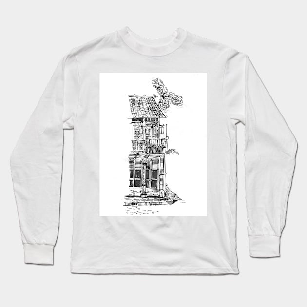 Hoi An Vietnam Black Pen and Ink Fineliner Illustration Travel Art Long Sleeve T-Shirt by Wall-Art-Sketch